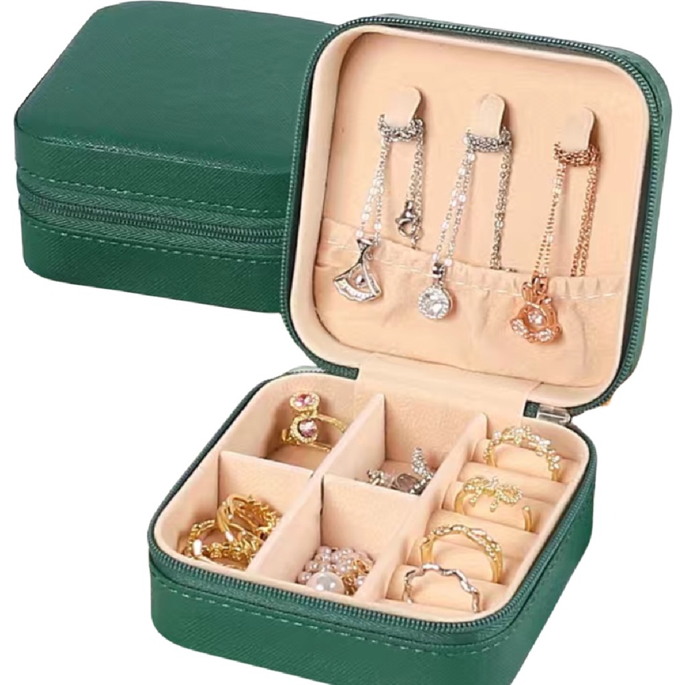 Green Faux Leather Jewelry Box Portable Travel Case for Earrings Rings Necklaces